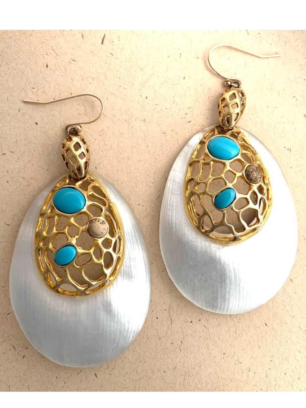 ALEXIS BITTAR• Vintage Large Light White Lucite Turquoise Stone Drop Earrings